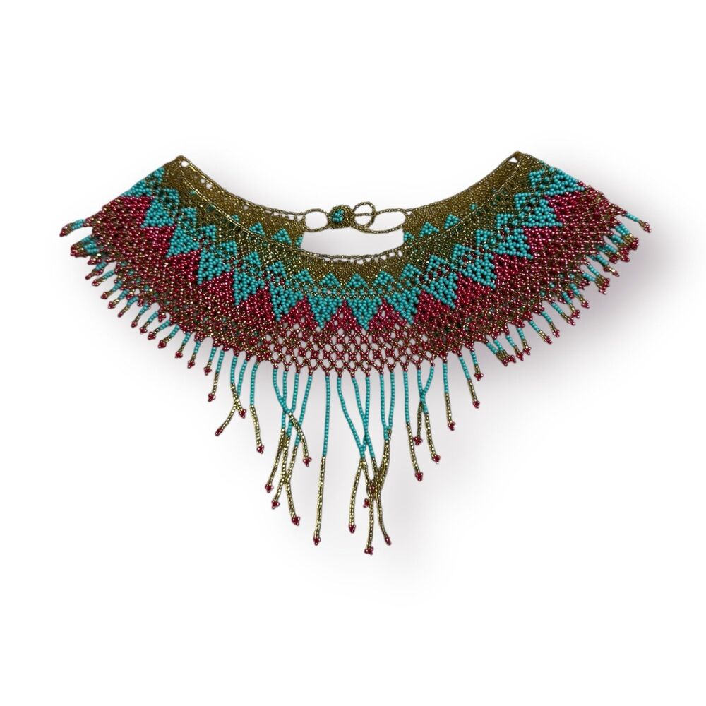 Mayan Antique Beaded‎ Pectoral Necklace with Geometric Motif Green/Blue/Red Boho
